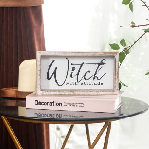 Image of Embossed Witch Sign, Farmhouse Halloween Decorations Indoor, Vintage Halloween Tiered Tray Decor, Funny Spooky Halloween Centerpieces for Table Cubicle Desk Mantel Fireplace