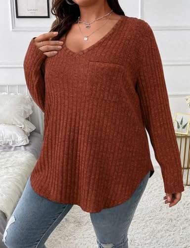 Koscacy Women Plus Size Casual Knit Sweater with Pocket V Neck Solid Color Tops Lightweight Long Sleeve Blouses4