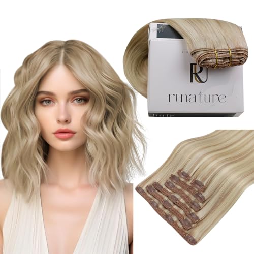 RUNATURE Blonde Human Hair Clip in Extensions, Short Clip in Hair Extensions Real Human Hair, Clip on Hair Extensions For Women, Remy Hair Tangle Free, 10 Inch 80g 7pcs 18P60 Ash Blonde Highlights