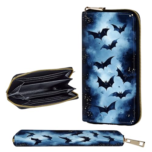 Wallet,Leather Long Wallet Suitable For Ladies And Teenagers - Detachable Wristband + RFID Travel Wallet With Card Slot - Bats Flying at Night
