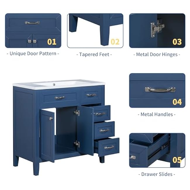 Maximize Bathroom Storage with 36 Vanity and Sink Combo, Stylish Blue Cabinet with Drawers and Solid Build