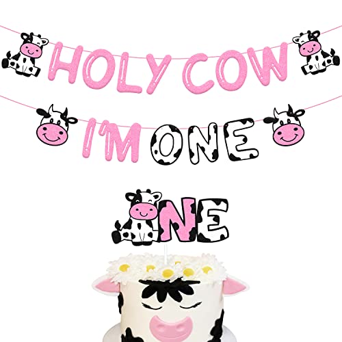 Holy Cow Iâ€™m One Birthday Decoration - Cow Theme 1st Birthday Banner Cow One Cake Topper, Kids Boy Girlâ€™s Happy First Birthday Party Supplies Glitter Pink Decor