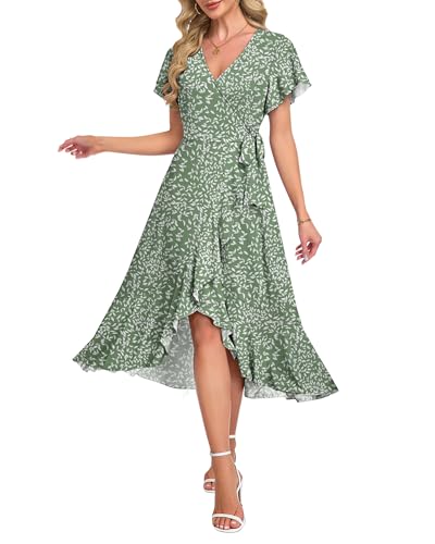 AUSELILY Women Summer Midi Dresses Wrap Short Flutter Sleeve V Neck Boho Slit Flowy Ruffle Dress Wedding Guest Dresses
