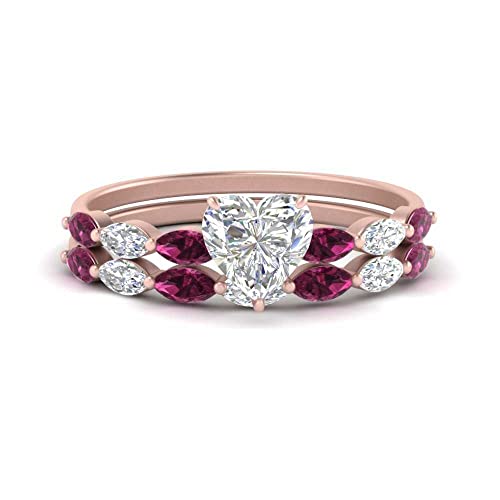 Image of 55Carat Choose Your Gemstone Single Prong Marquise Diamond CZ Ring and Band Rose Gold Plated Heart Shape Wedding Ring Sets Matching Jewelry Wedding Jewelry Easy to Wear Gifts US Size 4 to 12