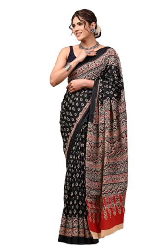 Image of Crafts Moda Hand Block Ajrakh Print Cotton Saree for women with Blouse | Soft comfortable wear sari