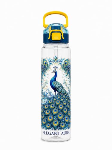 Image of Elegant Aura Peacock Printed Water Bottle 1 Litre with Straw & Gulp Drinking