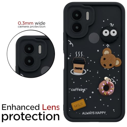 Image of Bintage Cute Fun Ball | Taddy Cartoon 3D Smiley Coffee Cup | Milk Donut | Full Protection Rubber Back Cover Compatible for Redmi A1 Plus - Black
