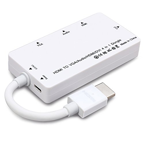 CABLEDECONN Multiport 4-in-1 HDMI to HDMI/DVI/VGA Adapter Cable with Audio Output Converter (White)