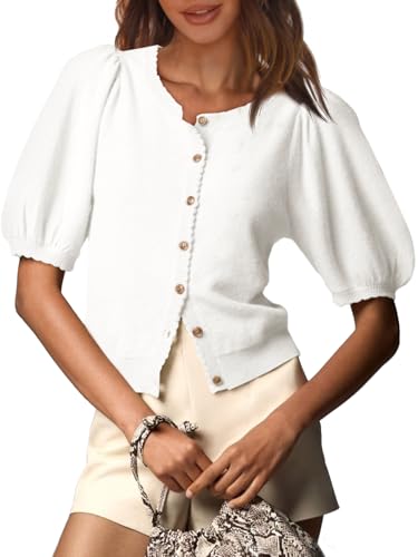 Image of Saodimallsu Womens Puff Short Sleeve Cardigan Lightweight Summer Button Down Shirts Knit Crew Neck Sweater Tops
