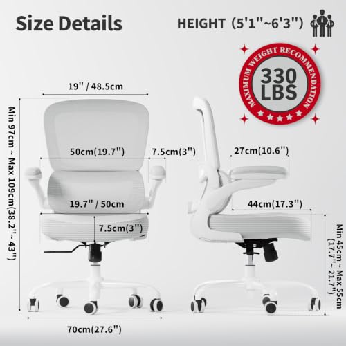 Image of TRALT Ergonomic Office Chair - Desk Chair with Adjustable Lumbar Support Computer Chair - Mesh Comfy Chair with Flip-up Armrests - Gaming Chairs for Adults Home Office (Leather, White)