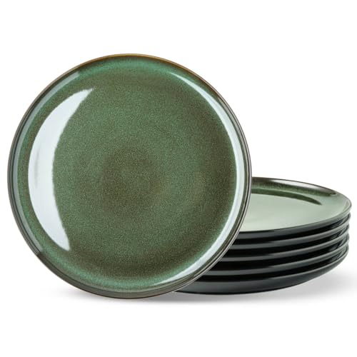 Image of LERATIO Ceramic Plates Set of 6, 8.5 Inch Reactive Glaze Light Weight Porcelain Salad Plates,Modern Shape Dinnerware Dishes Set for Kitchen,Microwave&Dishwasher&Oven Safe,Resistant-Green