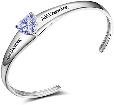 Diamondidde Personalized Your Name Bracelet with Simulated Birthstone Custom Heart Bangle Bracelet For Girls