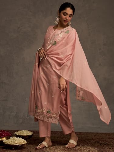 Image of INDO ERA Women's Pure Cotton Floral Embroidered Straight Kurta with Pant & Dupatta Set (IESTR11757)