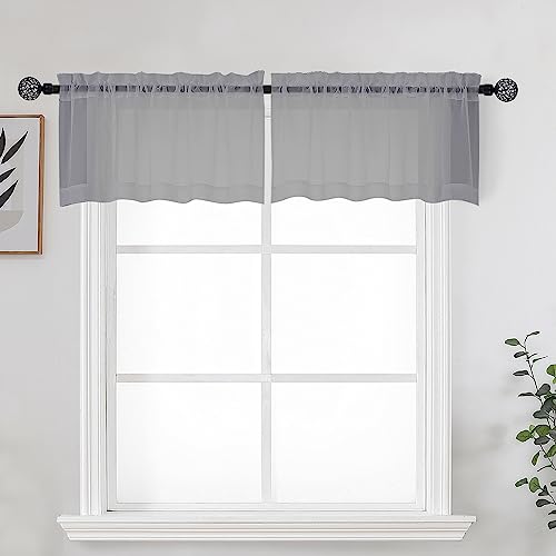 Image of OWENIE Grey Sheer Kitchen Valance for Windows Set of 2, Small Modern Rod Pocket Voile Valance Curtain Window Treatment Decor for Living Room Bathroom Cafe Laundry Basement, 42 inch W x 14 inch L