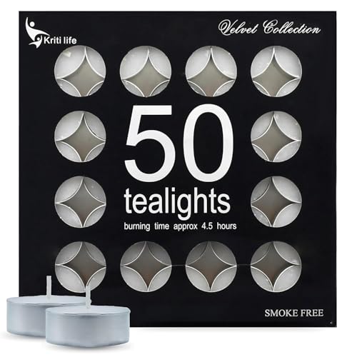 Image of Kriti Life Tealight Candles 100% Paraffin Wax 4.5 Hours | Set of 50 Pcs | Smokeless & Unscented | Dripless White Perfect Candles for Home Decor
