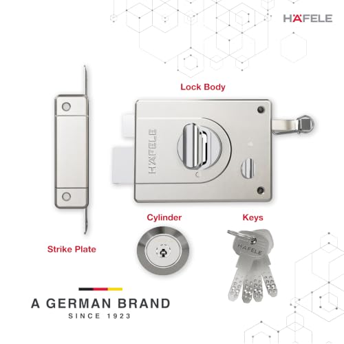 Image of Hafele Night Latch Rim Lock | Dimple Key Security | Double Throw Deadbolt | Durable Finish | Silver | Reversible Design | 10 Years Warranty