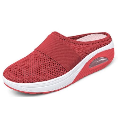 Image of Air Cushion Slip-On Walking Shoes for Women Men Air Cushion Walking Shoes – Breathable Mesh Non-Slip Sneakers, Comfortable Backless Platform Slippers for Indoor & Outdoor-Red||Numeric_3_Point_5
