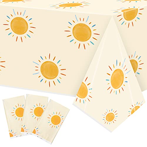 G1ngtar 3Pcs Retro Boho Sun Birthday Here Comes The Son Party Tablecloths Disposable Plastic Waterproof Rectangular Table Covers First Trip Around The Sun Party Decorations Supplies 86.6x51.2