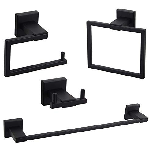 Gerzwy Bathroom Hardware Accessories Sets Sus304 Stainless Steel Bath Shower Set 4-Pieces(Robe Hook Toilet Paper Holder Towel Ring Towel Bar) Black Matte Finish Contemporary Style Jg191C(45) 568-4Bk #TOP28