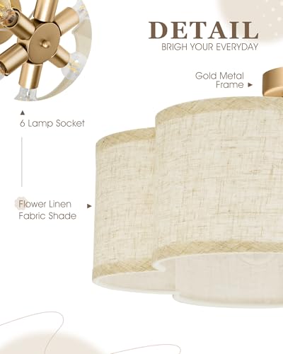 Image of Semi Flush Mount Ceiling Lights, 6-Light 18 inch Gold Light Fixtures Ceiling Mount with Fabric Shade in Flower Shape, Drum Lighting Fixture for Nursery Bedroom Kitchen, AD-22007-6SF-GD-B