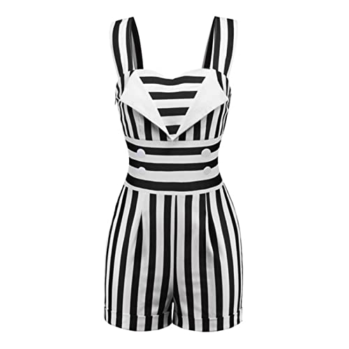 ZHENGYE Mono vintage a rayas elegante corto mameluco de una pieza para mujer retro casual playsuits verano mujer sexy negro blanco mono-negro rayas blancas, XL Cover