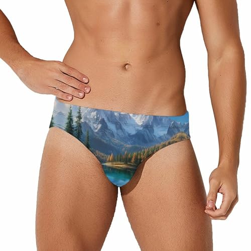 Snowy Covered Alpspeaks Fir Lake Men's Swimming Trunks Briefs Beach Swimwear Low Rise Bikini Swimsuit Print Bathing Suit