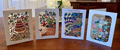 Shadywood Designs | Happy Birthday Bundle 1 | Send a Beautiful Message With These Four Special Birthday Cards, Choose From Birds with Flowers, Peacocks, Birthday Cake, Humming Birds | 4 Cards Bundle