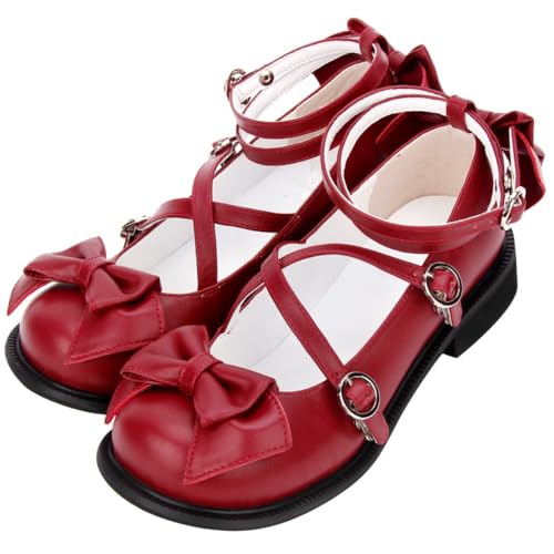 BEROBELLO Sweet Lolita Kawaii Mary Jane Cosplay Party Shoes, Bow Detail, Cross Straps, Low Heel