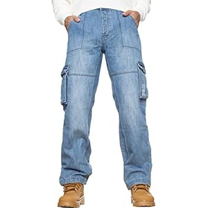 Kruze Mens Designer Combat Trousers Casual Cargo Jeans Work Pants All Waist Sizes, Blue, 32 inches