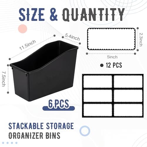 Geetery 6 Pcs Book Bin for Classroom with Labels Stackable Plastic Organizing Bins 11.5 x 5.4 x 7.5 in Book Holders Storage Bins Box Baskets for Classroom Library Home (Black) - Image 2