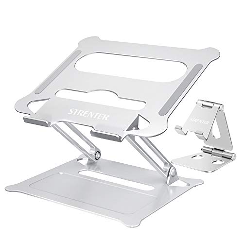 STRENTERノートパソコンスタンド 2020新発売 スマホ スタンド付き PCスタンド タブレットスタンド 折り畳式 軽量 収納しやい 高度と角度調整可能 姿勢改善 腰痛・猫背解消 滑り止め アルミ合金製 高放熱効果 Macbook Air/Macbook Pro/iPad Pro/Notebooksなど 11-17.3インチまでに対応 シルバー