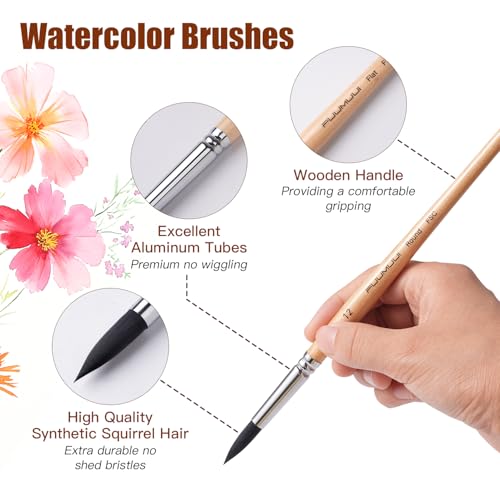 Image of Watercolor Brush Set, Fuumuui 10pcs Professional Synthetic Squirrel Paint Brushes for Artists - Flat, Round Pointed, Dagger, Cats Tongue Oval Wash