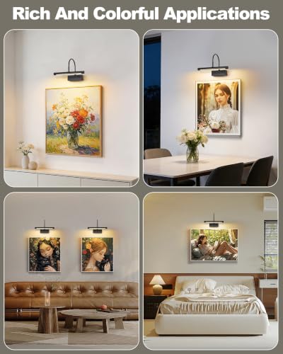 Image of LED Wireless Picture Light with Remote Control,USB Rechargeable Battery Powered Art Lamps,Dimmable,270 Rotate,Timing,12 Inch Black Wall Lights for Paintings (Black, 12inch)