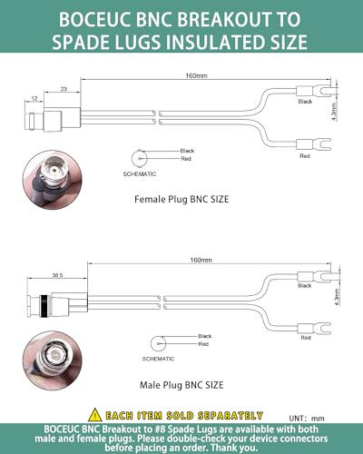 Image of BNC Test Leads, BNC (F) Jack to Spade Lugs, Test Lead Breakout Cable for Multimeter, 5A Current Rating, 1 Pack