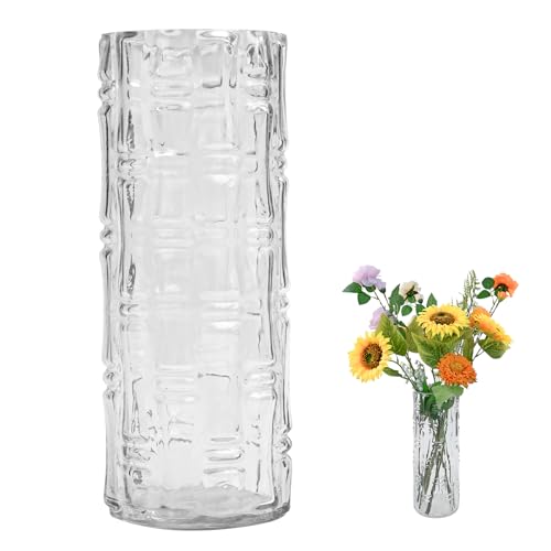 QEEYON Florero de cristal de 30 cm de alto, 12 cm, jarrón de cristal transparente, jarrón cilíndrico de cristal con patrón de bambú, jarrón grande para decoración de mesa en bodas y fiestas