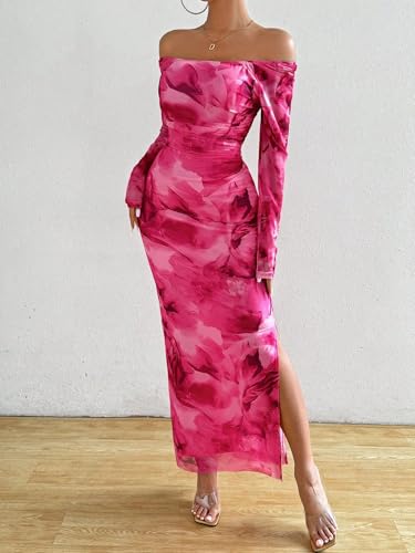 Image of LIGHT DOT Women's Printed Off Shoulder Maxi Dress Long Sleeve Bodycon Ruched Mesh Cocktail Dress