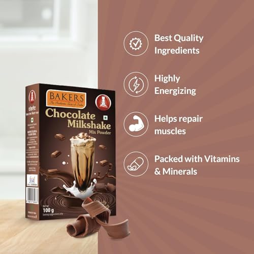 Image of BAKERS Milk Shake Mix Powder - Chocolate Flavor Pack of 4, Each 100g (400 Gram) | Instant Thick & Creamy Shake Mix | Rich & Delicious Dessert Drink | Ready to Mix with Milk | No Preservatives |Ready in 30 Sec