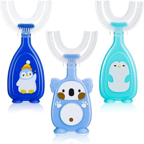 [Juego de 3] Cepillo de dientes en forma de U para niños de 2 a 6 años, cerdas de silicona, limpieza oral de 360 ° Masa las encías y suministra, completo manual, sin BPA (2 a 6 años (azul)