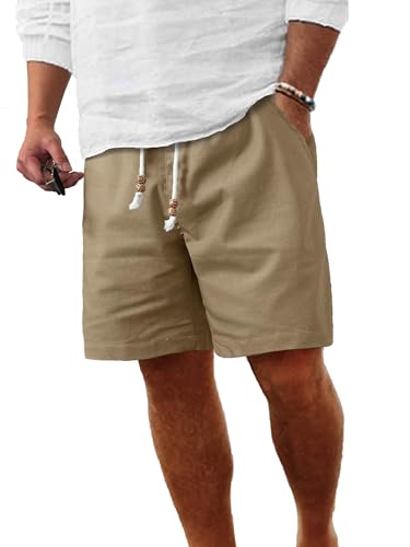 Image of Comdecevis Men's Linen Shorts Casual Elastic Waist Drawstring Summer Beach Vacation Yoga Golf Shorts with Pockets