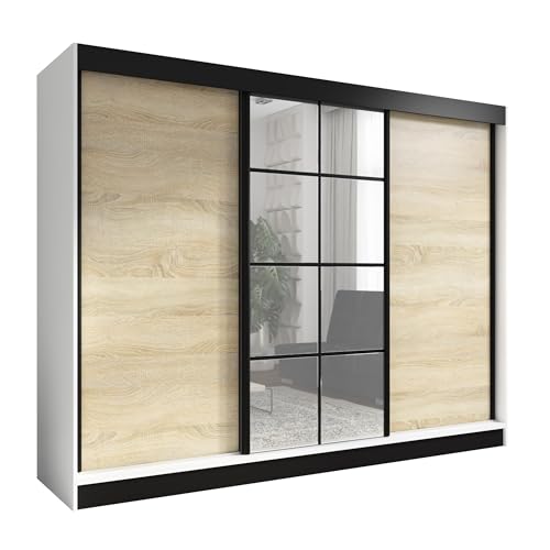A&J MöbelLand Schwebetürenschrank ORAVELLE Kleiderschrank 3-türig mit Schubladen und Spiegel Garderobenschrank 200 cm (Weiß/Sonoma)