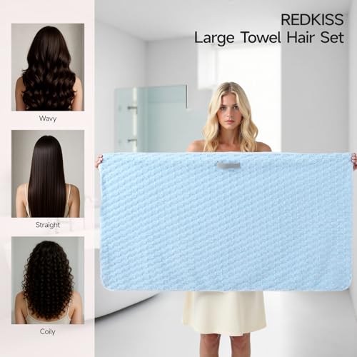 Image of REDKISS Blue Microfiber Hair Towels - Extra Large Hair Towel Wrap for Women, 24x42 inch Hair Towels with Elastic Strap, Super Soft Hair Drying Towels for Long, Thick, Curly Anti Frizz Turbans
