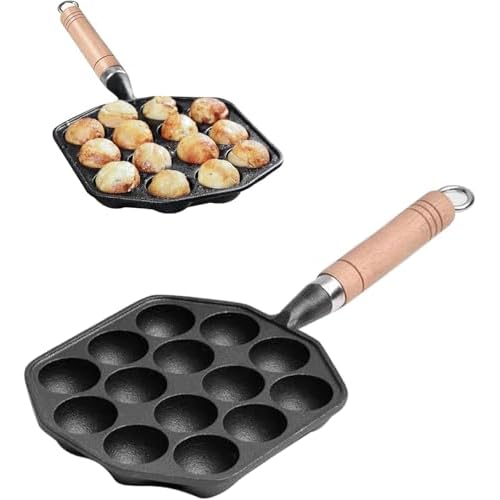 Tissting Takoyaki Pfanne Grillpfanne 14 Löcher 3,6cm Loch Antihaft Gusseisen Oktopus Pan mit Abnehmbarem Griff, Pancake Poffertjes Bratpfanne für Gasherd Induktionsherd Keramikkochfeld