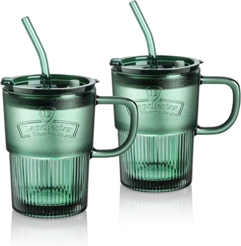 Image of Glass Coffee Cups Tumbler with Handle Lid and Straw, Smoothie Iced Coffee Tea Glasses Mug, Green Colored Drinking Jar for Water Juice Beverages Soda Milk (450ML, Pack of 1, Green)