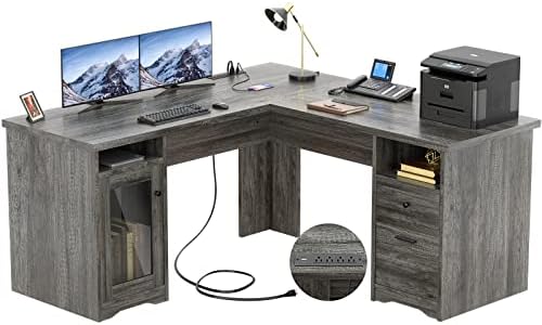 Unikito L Shaped Desk with Drawers, 60 Inch Corner Computer Desks with USB Charging Port and Power Outlet, Large 2 Person Home Office Table with File Cabinet, Black Oak