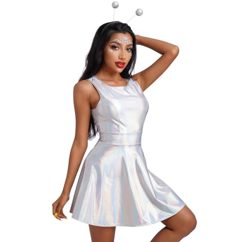 IWEMEK Damen Holographisch Metallisch Minikleid Skaterkleid Neon Glänzendes Lackleder Wetlook Club 80er Disco Tanz Rave Festival Partykleid Halloween...