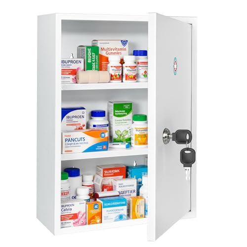 Royxen Medicine Cabinet with Lock, Locking Cabinet for Medication, Medicine Cabinet with Keys, Wooden (White)