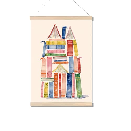 EVER-GOING TUNE Book Castle Watercolor Wall Art,Reading Nook Hanging Poster,Colorful Books Canvas Print with Wooden Hanger,Book Lover Kids Room Decor,Gift for Readers,12x16 Inch.