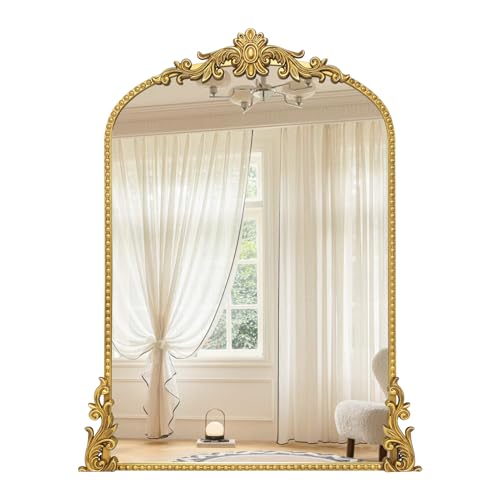 Growsun Vintage Gold Arched Mirror, 24’’x36’’ Antique Baroque Wall Mirror Decor, Traditional Ornate Mirror with Full Metal Frame for Fireplace/Entryway/Living Room/Bathroom