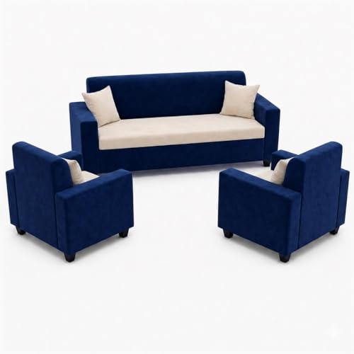 Image of FURNY QualityWood 3 Seater + 1 Seater + 1 Seater Fabric Sofa Set (Cream-Dark Blue) with Velvet Finish | Durable Comfort | Ideal for Living Room