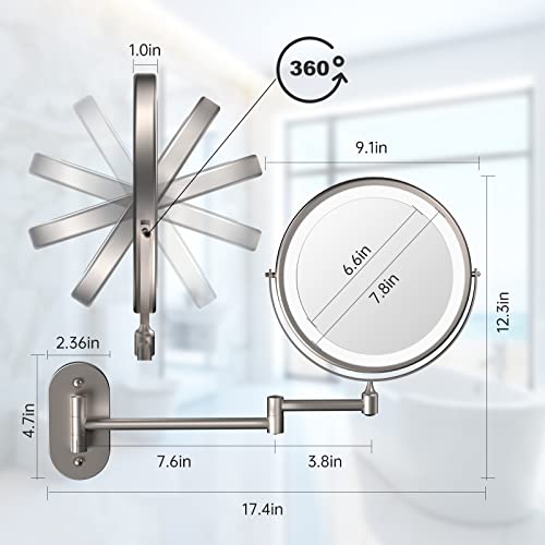 Wall Mounted Lighted Makeup Vanity Mirror 8 Inch 1X/10X Magnifying Mirror With 3 Color Lights, Double Sided Bathroom Mirror With Dimmable Led Lights, Shaving Light Up Mirror Nickel #TOP5
